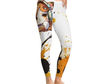 Kawaii Cat Splatter Stretchy Leggings, orange and black, paint splatter, cat lovers, gym clothes, fitness, workout clothing, stretchy pants