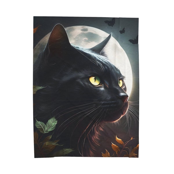 Black Cat Blanket Under the Moon, beautiful, soft, unique, moon, scenic, black cat, pretty cat, cat blanket, Velveteen Plush Blanket