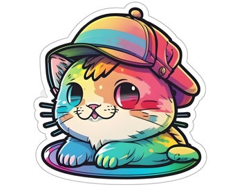 Cats in Hats, H1, gift for cat lovers, cute cats, kitty cat sticker, hat lovers, rainbow colors, adorable cat sticker, Kiss-Cut Stickers