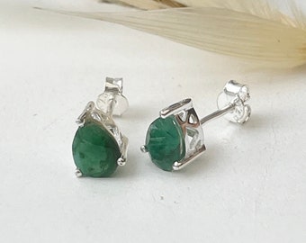 Emerald Stud Earrings, Sterling Silver, Raw Emerald Simple Style Green Gemstone Earring Gift Birthday Present, May Birthstone, Teacher Gift