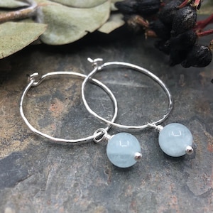 Aquamarine Hammered Hoop Earrings, Sterling Silver, 20mm With Wrapped Aquamarine Gem Charm | Gift For March Birthday | March Birthstone