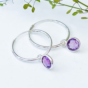 Amethyst Hoop Earrings, Sterling Silver Hoop Earrings With Amethyst Charms, February Birthstone