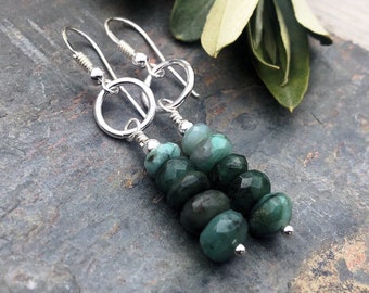 Emerald Earrings, Sterling Silver, Raw Emerald Simple Style Drop Green Earring Gift Birthday Present Gift For Teacher May Birthstone