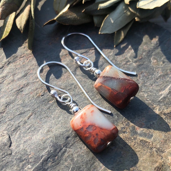 Red Jasper Earrings Sterling Silver Drop Earrings Hand Made With A Hint Of Blue