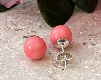 Handmade Coral Stud Earrings, Sterling Silver, Real Gemstones