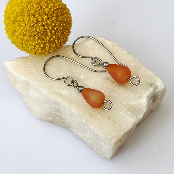 Titanium Drop Earrings Carnelian Orange Gemstone Totally Handmade Hypoallergenic Jewellery