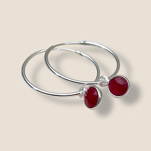 Ruby Earrings Sterling Silver Hoops Handmade Jewellery For July Birthday Gift For Her Birthstone Earrings