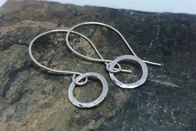 Handmade Sterling Silver Drop Earrings With Hammered Circles, Great Everyday Earrings, Gift For Her image 3