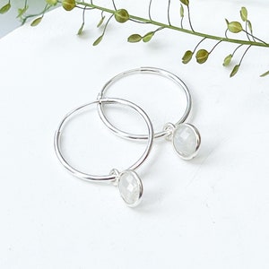 Sterling Silver Moonstone Hoop Earrings With Moonstone Charms, Mother’s Day Gift, June Birthstone, June Birthday Gift