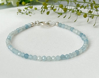 Aquamarine Bracelet For March Birthday Gift, March Birthstone, Stacker Bracelet, Sterling Silver, Handmade, Any Size, Large Fastening