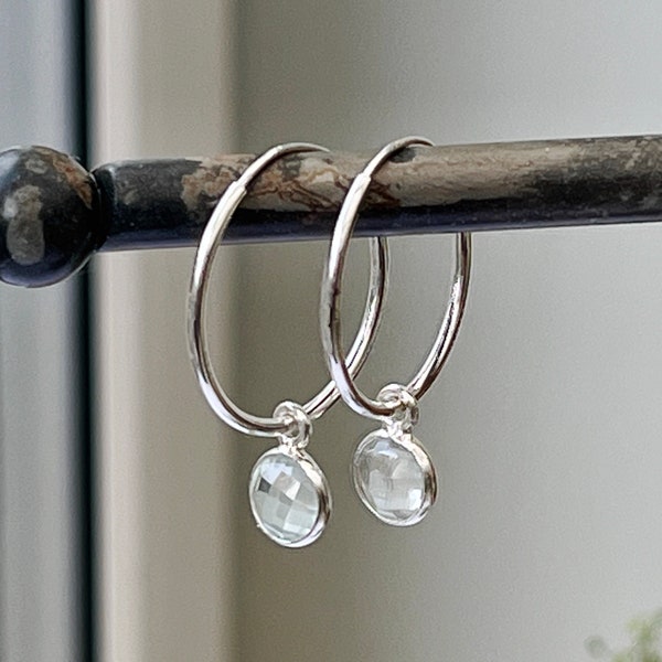 March Birthstone Sterling Silver Hoop Earrings With Aquamarine Charms, Handmade Hoop Earrings In The UK