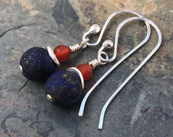 Lapis Lazuli & Carnelian Sterling Silver Drop Earrings, Christmas Gift For Her, Handmade Jewellery In The UK, Navy Blue Gemstone