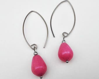Hot Pink Quartz Earrings Hypoallergenic Titanium Jewellery For Her