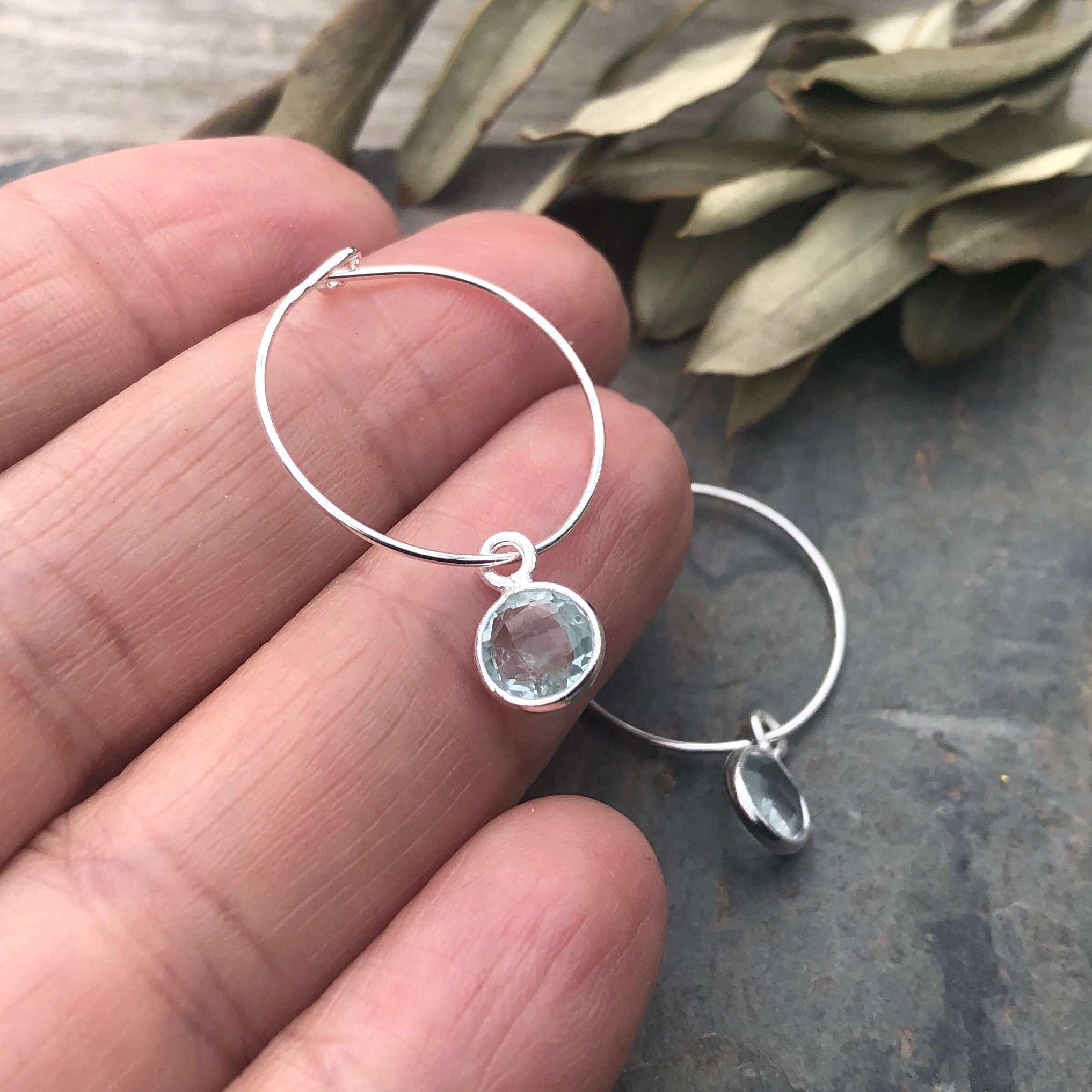 Sterling Silver Hoop Earrings With Aquamarine Charms March Etsy