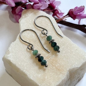 Titanium Drop Earrings Green Emerald Gemstone Totally Handmade, May Birthstone Hypoallergenic Jewellery