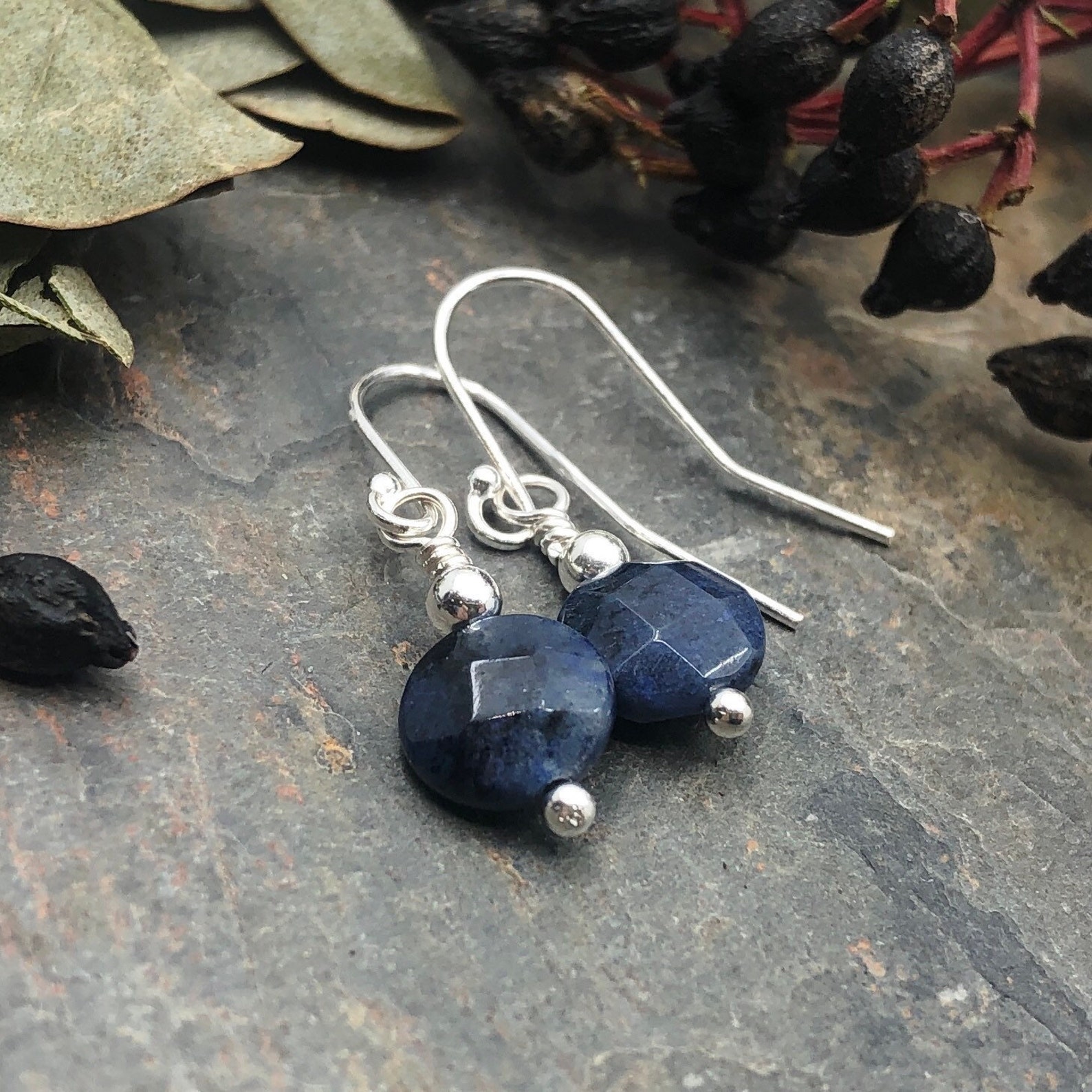 Dark Blue Gemstone Earrings Sterling Silver Drop Earring Etsy