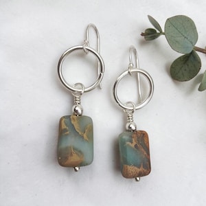 Dainty Jasper Drop Earrings Handmade Sterling Silver Blue Brown Gemstone Jewellery