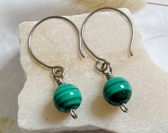 Malachite Titanium Drop Earrings  Totally Handmade Hypoallergenic Jewellery