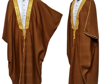 Men’s PREMIUM 3-Quarter Sleeve Brown/Gold Arabian Bisht Cloak Arab Dress Thobe Islam Robe