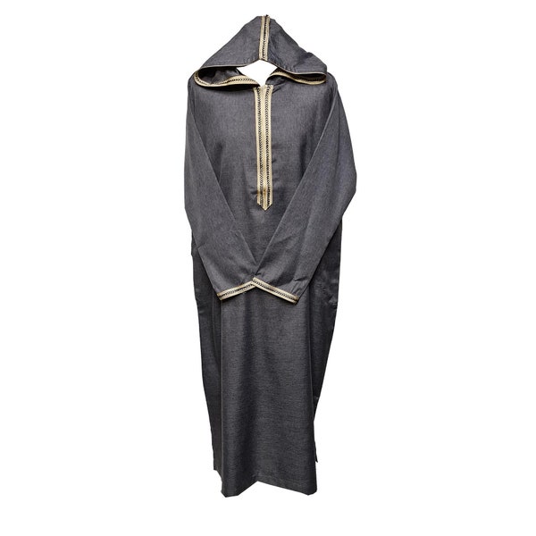 Moroccan Grey Zip Front Long Sleeve Hooded Thobe Jubba Djellaba