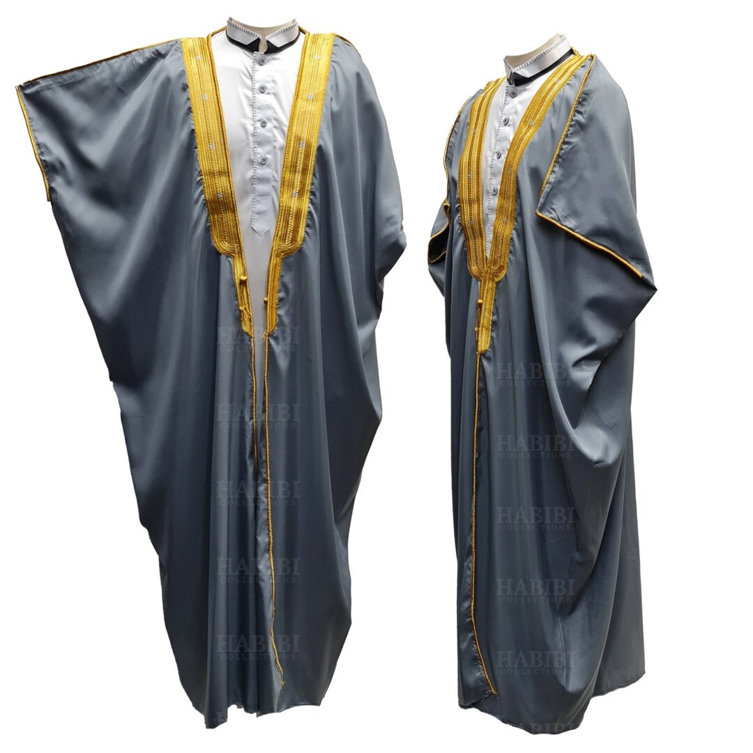 Men's Premium 3 Quarter Sleeve Arabian Bisht Grey Gold Cloak Arab Dress  Thobe Islam Robe Eid - Etsy