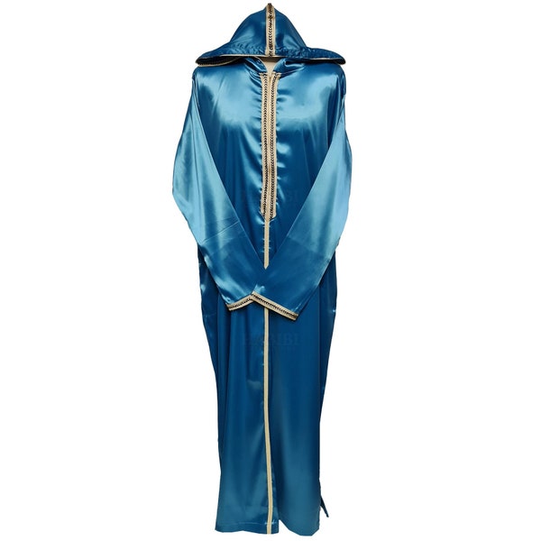 Thobe jubba chilaba con capucha y manga larga con cremallera frontal a rayas azul turquesa marroquí