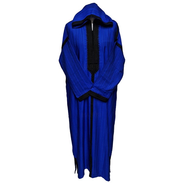 Talla grande unisex mezcla de algodón marroquí azul con capucha Thobe Djellaba Jubba