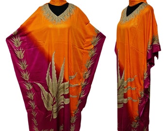 Women's Kaftan Orange Pink Loose Fit Tunic Dress Sequin Floral Abaya