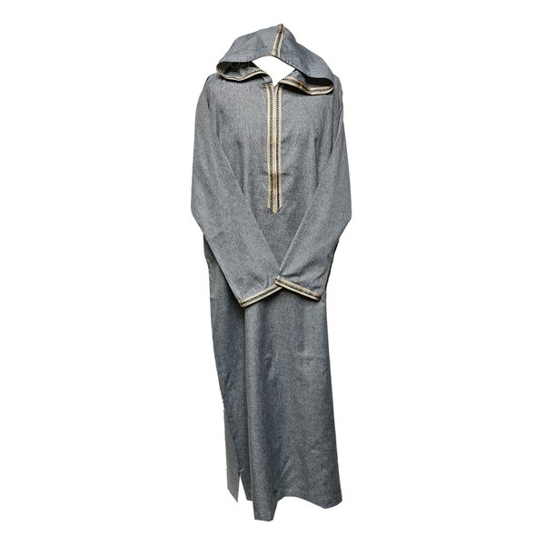 Moroccan Light Grey Zip Front Long Sleeve Hooded Thobe Jubba Djellaba