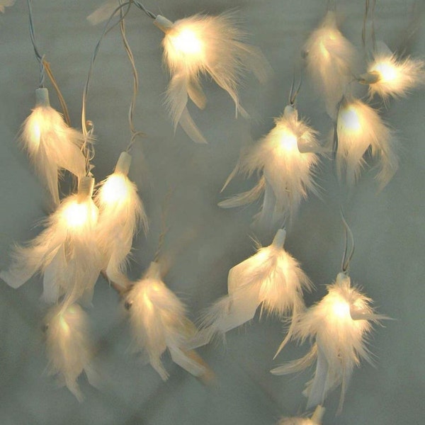 20 plumes blanches décor fée chaîne lumières décoratives chambre décor à la maison salon tenture murale lumières décor de mariage dortoir lumières batterie.