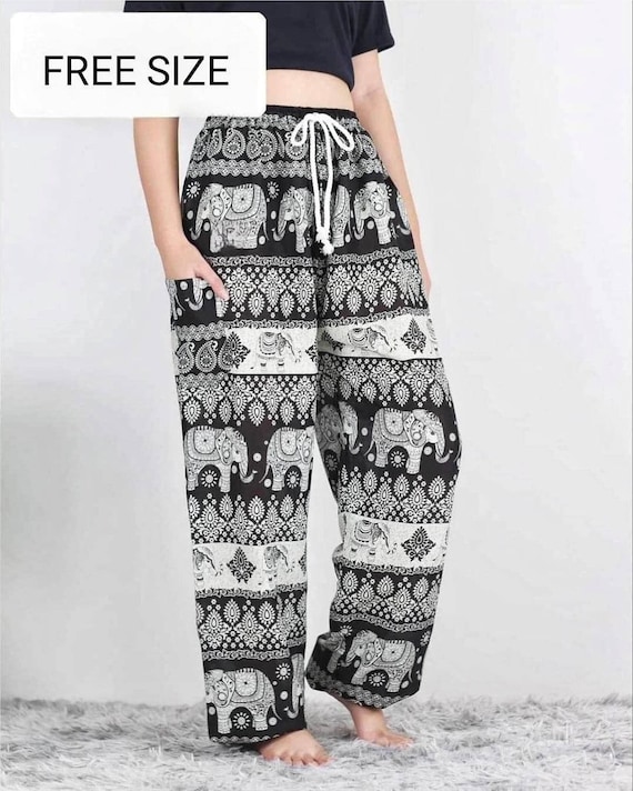 Unisex Thai Elephant Pants, Harem Pants With Mandala in Two-tone