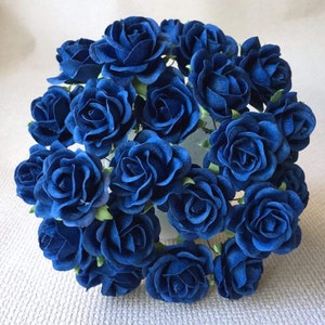 25 pcs Blue Rose Mulberry Paper Flower 35mm Wedding Scrapbook DIY Craft Scrapbooking Bouquet Stem Valentines Anniversary