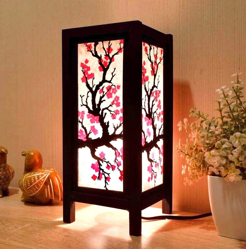 Lampe japonaise Lanterne Cherry Blossom Red Sakura Lampe, Lampe de style japonais, Lampe Zen Lampe de table de chevet Lampe japonaise pour chambre à coucher Décoration intérieure image 2