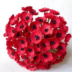 100 pcs Poppy Flower Red Color Mulberry Paper Flower 20-25mm Wedding Scrapbook DIY Craft Scrapbooking Bouquet Stem Veterans Day Valentines.