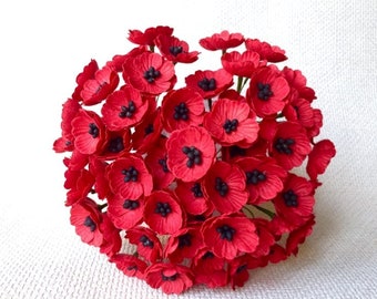 100 pcs Poppy Flower Red Color Mulberry Paper Flower 20-25mm Wedding Scrapbook DIY Craft Scrapbooking Bouquet Stem Veterans Day Valentines.