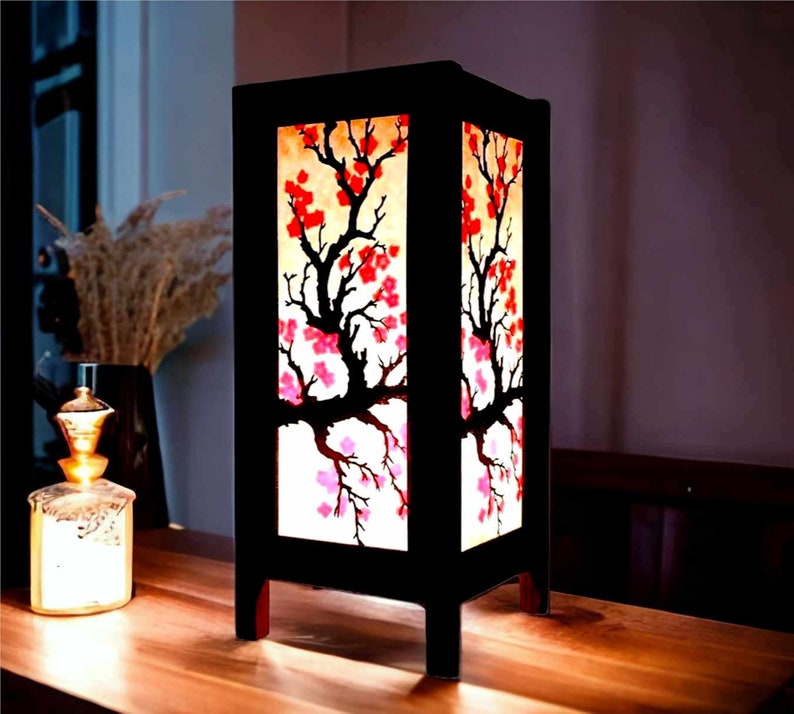 Lampe japonaise Lanterne Cherry Blossom Red Sakura Lampe, Lampe de style japonais, Lampe Zen Lampe de table de chevet Lampe japonaise pour chambre à coucher Décoration intérieure image 4