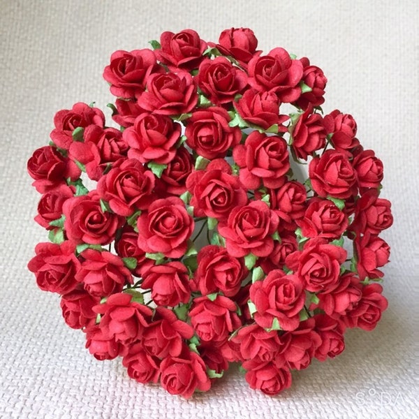 100 pcs mini flower rose red color mulberry paper flower 10mm wedding scrapbook DIY Craft scrapbooking bouquet stem valentines anniversary