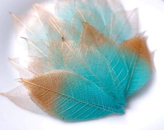 100 Pcs Skeleton Leaves Blue Leaves / Iridescent copper tip blue turquoise skeleton leaves for Scrapbooking DIY Card Wedding Small Leaves