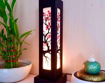 Asian Wooden Lamp Cherry Blossom flowers Japanese Lamp Zen Bedside Lamp/ Table Lamp Paper Japanese Lanterns Lamp Vintage for Bedroom Decor