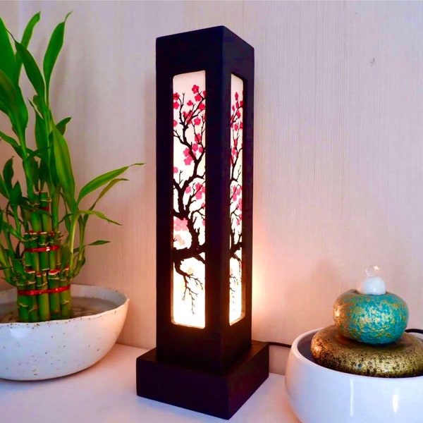 Asian Wooden Lamp Cherry Blossom flowers Japanese Lamp Zen Bedside Lamp/ Table Lamp Paper Japanese Lanterns Lamp Vintage for Bedroom Decor