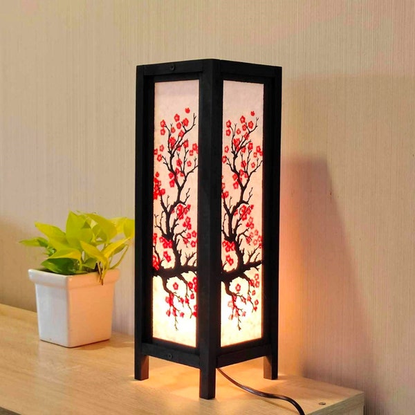 Japanische Lampenlaterne Rote Sakura Lampe Kirschblüte, Lampe im japanischen Stil, Zen-Lampe Nachttischlampe für Wohnzimmer Wohnkultur 15 Zoll