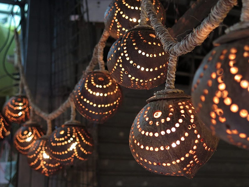 10 Balls Hanging Lamp Made of Coconut Shell Bedroom Lamp Light Coconut Wooden Garden Handmade image 1
