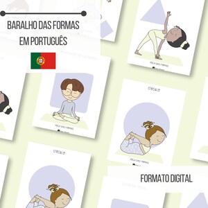 May include: A collection of illustrated yoga cards in Portuguese, featuring various poses and geometric shapes. The cards display cartoon figures demonstrating yoga positions, with text in Portuguese. The cards are in a digital format.
