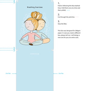 May include: A light blue printable paper craft box with instructions for folding and gluing. The box features a cartoon illustration of two girls meditating. The text on the box reads "Breathing Exercises".