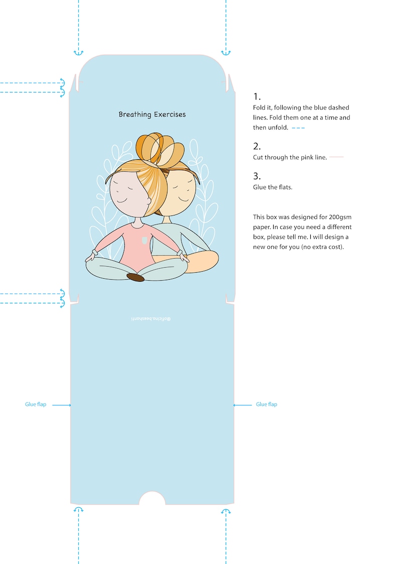 May include: A light blue printable paper craft box with instructions for folding and gluing. The box features a cartoon illustration of two girls meditating. The text on the box reads "Breathing Exercises".
