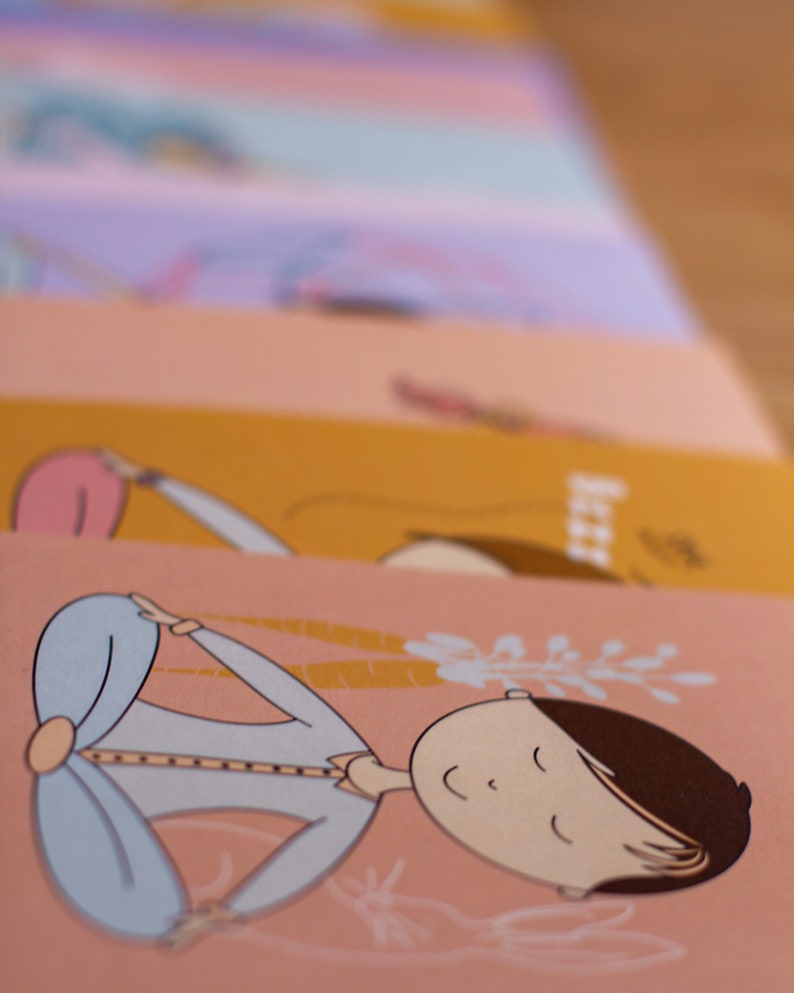 May include: A stack of cards with illustrations of a person meditating in different poses. The top card features a person in a blue shirt meditating with a pink background and a floral design.