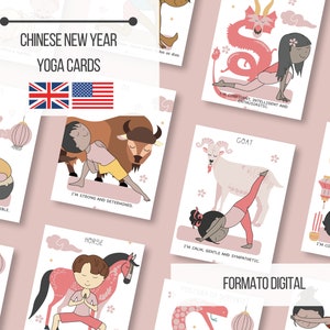 Schede yoga stampabili per il capodanno cinese per bambini - 12 asana con animali e affermazioni / DOWNLOAD IMMEDIATO