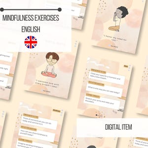 May include: A set of printable mindfulness exercises in English. The cards feature illustrations of people practicing mindfulness and include prompts for reflection and action. The cards are designed with a peach and cream colour scheme.