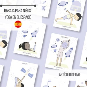 Könnte beinhalten: Eine Sammlung illustrierter Karten mit Kindern, die Yoga-Posen mit Weltraum-Thema ausführen. Die Karten zeigen Illustrationen von Planeten, Raketen und Astronauten. Auf den Karten steht "YOGA EN EL ESPACIO" und "ARTÍCULO DIGITAL".