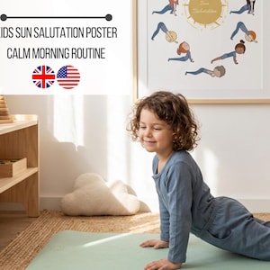 Afdrukbare zonnegroet asana-poster voor kinderen, yoga-kunstprint direct downloaden, illustratie, yogi-muurdecoratie prints, jongens en meisjes yoga-poster